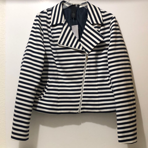 Lane Bryant Jacket Women 14 Sailor Collar Striped Full Zip Slash Pockets Navy Yt - Picture 2 of 8